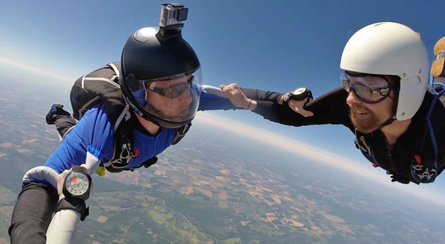 Skydiving instructor and student, learning to skydive.